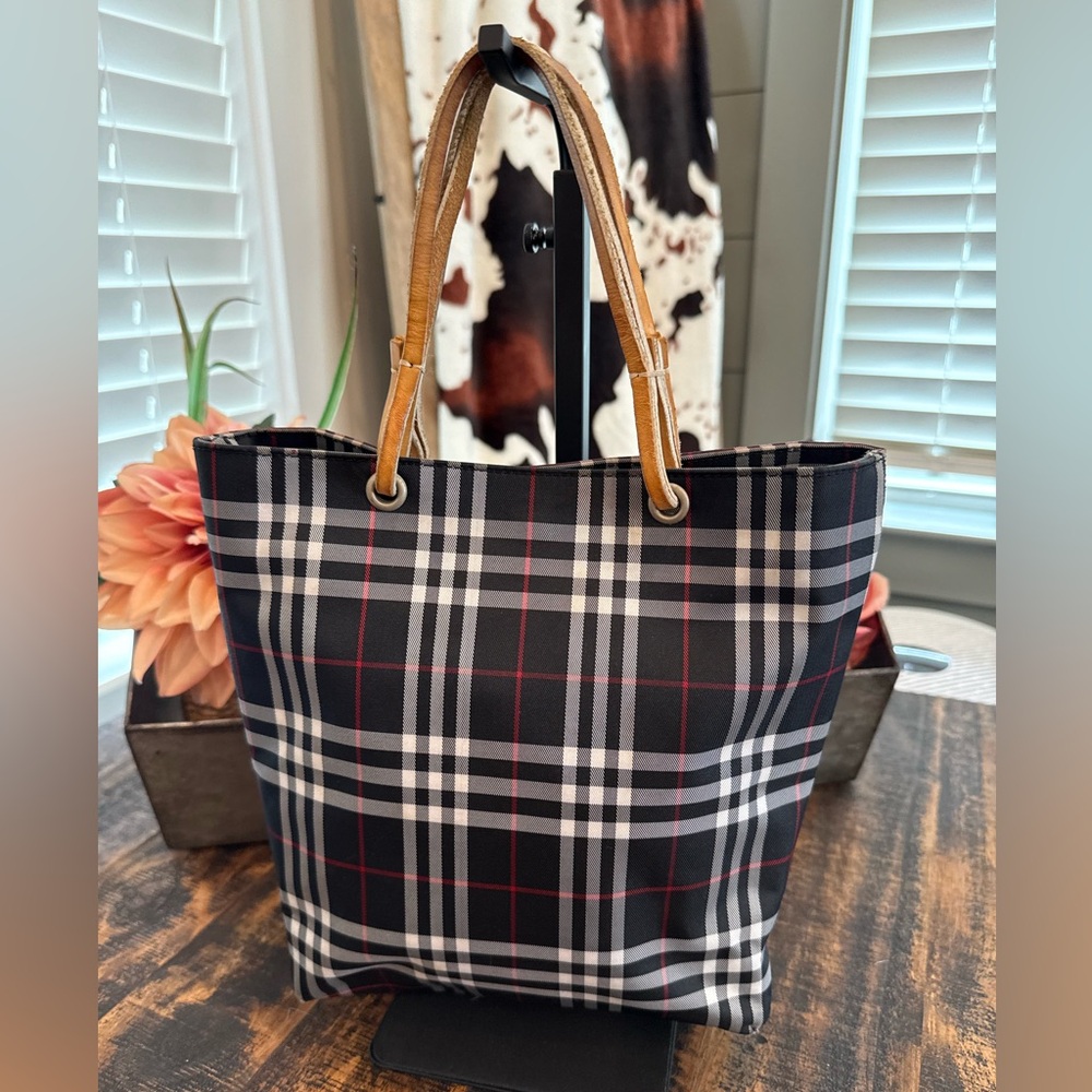 Burberry London Small Black Plaid Tote with Caramel Leather Handles